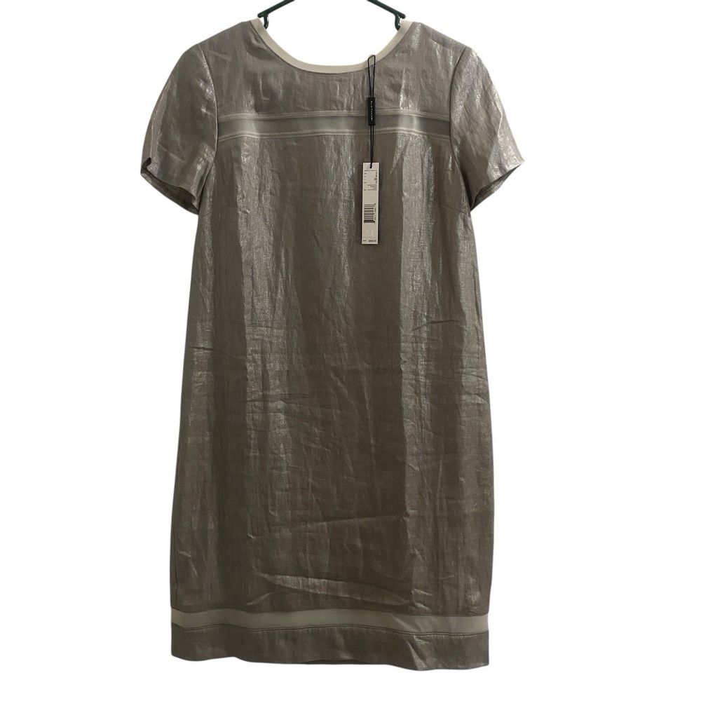 Tahari $448 100% Linen Dress  Women's Sz 2 Pale Grey Silver Minimalist Luxury